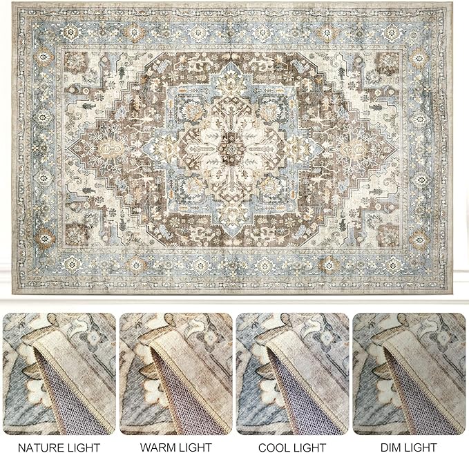 Area Rugs for Living Room 9x12 - Large Machine Washable Vintage Oriental Soft Rug, Low Pile Thin Carpet with Non Slip Backing for Bedroom, Dorm, Under Dining Room Table, Indoor House, Office Decor