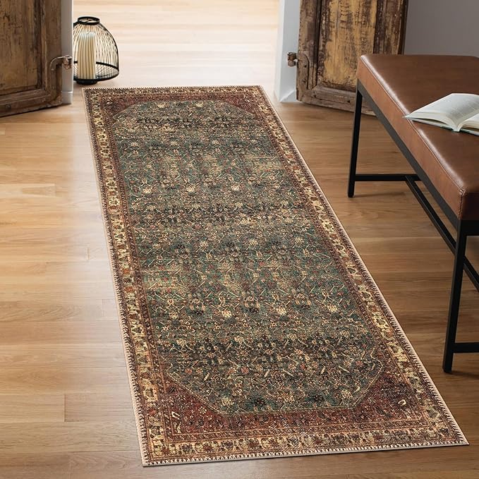 Keen Home Design 2x10 Rug - Machine Washable Runner Rug with Non-Slip Backing, Ideal for Hallway, Entryway, Kitchen, Laundry Room - Vintage, Easy Clean, Durable, Low Pile Rug - (2'6" x 10')