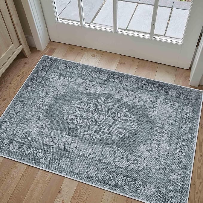 2x3 Area Rug Gray Washable Entryway Door Mat Indoor Vintage Medallion Floral Carpet Kitchen Bathroom Distressed Entrance Retro Small Non Slip Accent Throw Bedroom Office Dining Living Room
