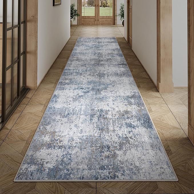 2x10 Runner Rugs Grey Blue Machine Washable Hallway Area Rug Indoor Accent Rug Abstract Non Slip Low Pile Carpet Distressed Throw Rug for Bedroom Living Room Office Dining Room Kitchen