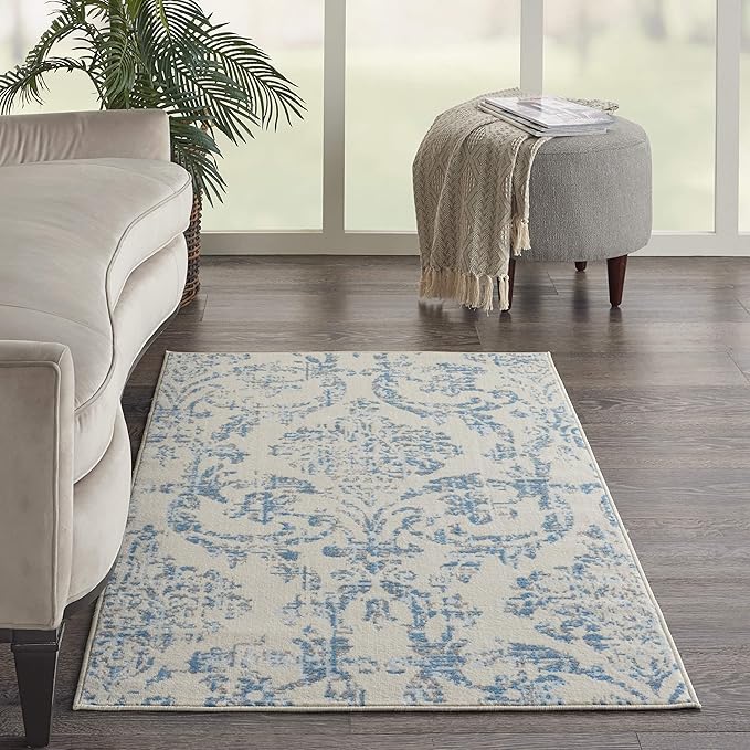 Nourison Jubilant Damask Ivory/Blue 3' x 5' Area-Rug, Easy-Cleaning, Non Shedding, Bed Room, Living Room, Dining Room, Kitchen (3x5)