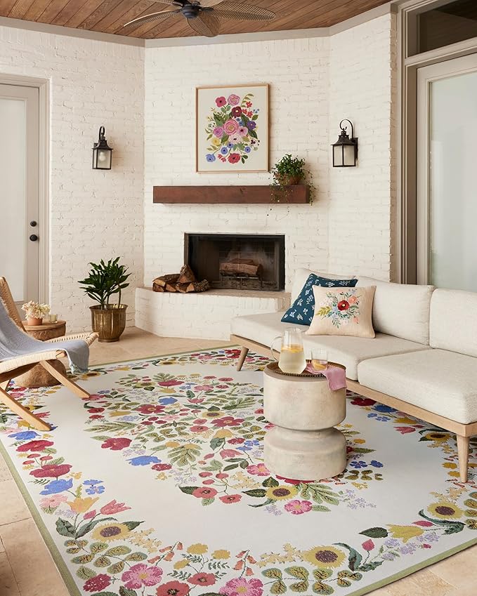 Loloi Rifle Paper Co. Perennial Collection Blossom PRN-01 Cream 2'-5" x 7'-8" Indoor/Outdoor Runner Rug