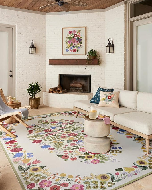 Loloi Rifle Paper Co. Perennial Collection Blossom PRN-01 Cream 2'-5" x 7'-8" Indoor/Outdoor Runner Rug