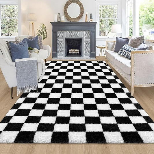 5x8 Ft Large Area Rug for Living Room,Soft Black and White Rug Shag Fluffy Rug for Bedroom Aesthetic Plush Checkered Rugs for Kids Girls Boys Teen Playroom Dorm Classroom Home Decor