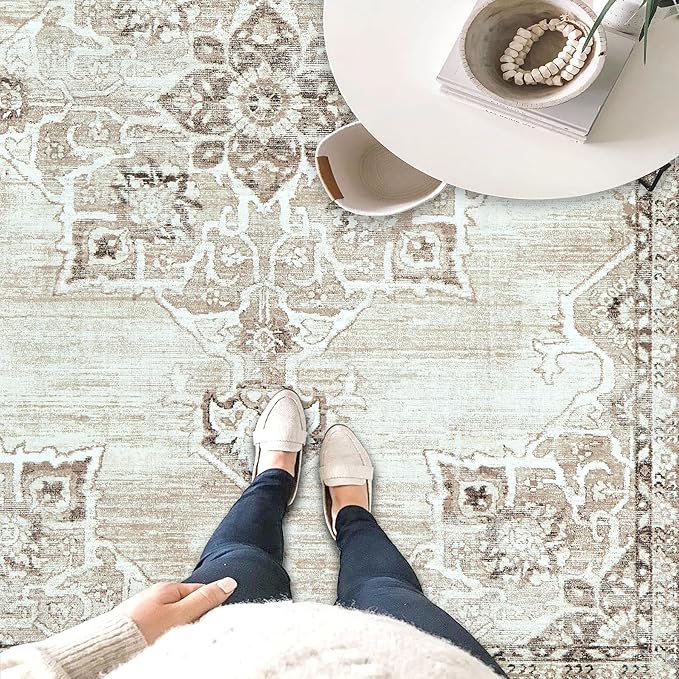 2x3 Rug Entryway Rugs: Washable Boho Vintage Small Rug Indoor Medallion Soft Non Slip Ultra Thin Non-Shedding Front Door Mat for Kitchen Bedroom (Beige, 2' x 3')