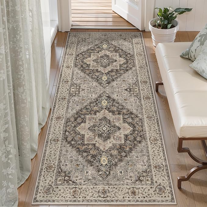 2x5 Washable Runner Rug for Hallways, Non Slip Vintage, Soft Low Pile Long Runner, Print Distressed Brown/Grey Runners for Kitchen Bedroom Entryway Bathroom Living Room