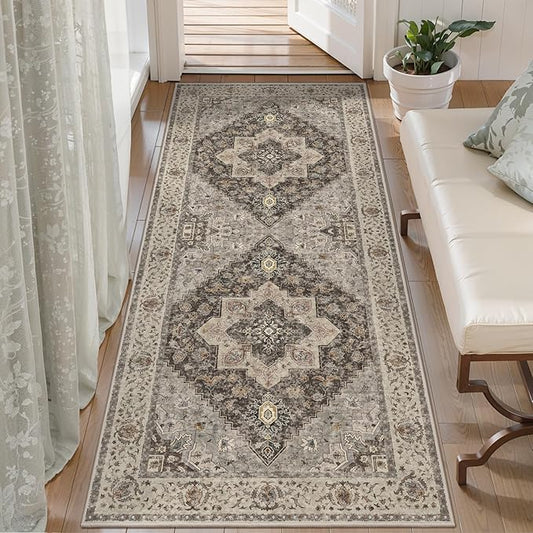 2x5 Washable Runner Rug for Hallways, Non Slip Vintage, Soft Low Pile Long Runner, Print Distressed Brown/Grey Runners for Kitchen Bedroom Entryway Bathroom Living Room