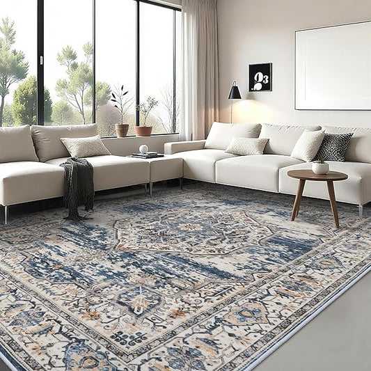 YOUFORTONG 9x12 Area Rug Washable：Large Living Room Area Rugs - Machine Washable Stain Resistant Rug - Soft Low Pile Carpet for Bedroom Dining Room 9'x12' Blue