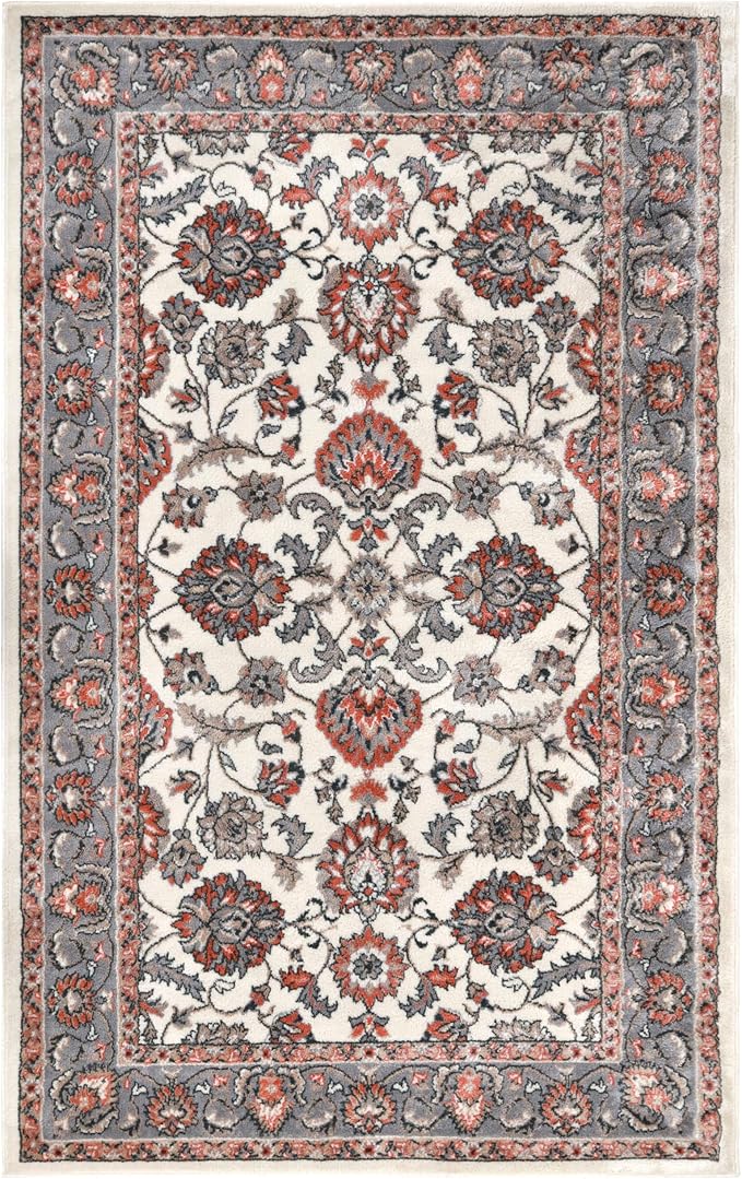 Superior Indoor Area Rug, with Jute Backing, Chic Bordered Floor Decor for Living Room, Bedroom, Office, Entryway, Kitchen, Dining, Floral Design, Lille Collection, 4' x 6', Brown-Salmon