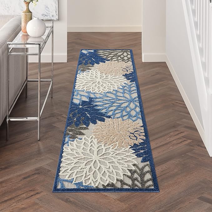Nourison Aloha Indoor/Outdoor Blue/Multicolor 2'3" x 12' Area Rug, Tropical, Botanical, Easy Cleaning, Non Shedding, Bed Room, Living Room, Dining Room, Deck, Backyard, Patio (2x12)