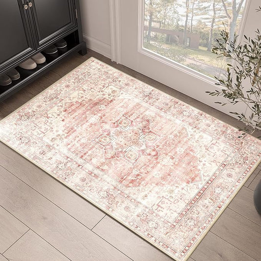 2x3 Area Rug Washable, Small Pink Rug for Entryway Bathroom Kitchen, Soft Boho Floral Vintage Distressed Carpet Non Slip for Home Decor