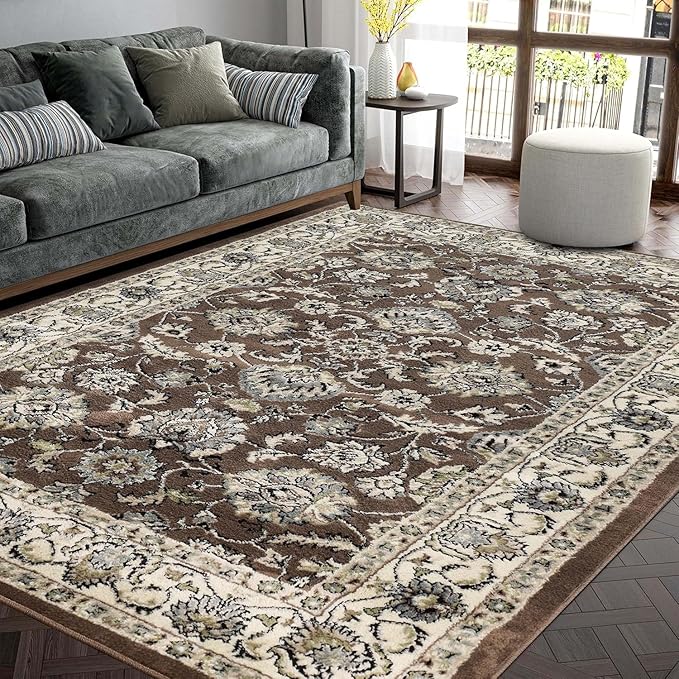 Superior Indoor Area Rug, Jute Backing, Plush Floral Rugs for Entryway, Kitchen Floors, Office Floor Cover, Traditional Oriental Rugs, Lille Collection, 5' x 8', Brown