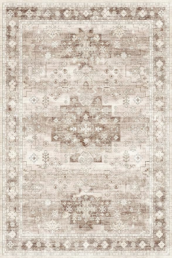 Washable Neutral Farmhouse Living Room Rug, 6x9 Area Rugs for Bedroom, Dining Room Under Table Carpet, Kids Room, Large Boho Vintage Non-Slip Floral Rugs Low Pile Stain Resistant (6x9 Beige/Latte)