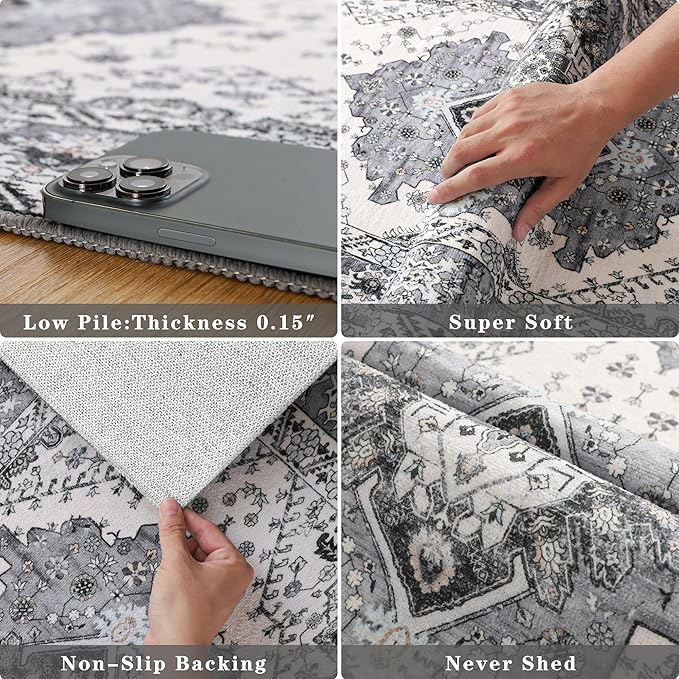 Noahas Grey Hallway Runner Rug 2x6,Vintage Machine Washable Kitchen Runner Area Rugs with Rubber Backing Non Slip Print Carpet for Hallways,Entryway,Laundry Room,Bathroom,Home Decor