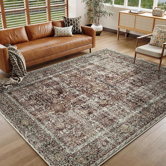 Vintage Area Rug 6x9 Rust Red Washable Living Room Large Carpet Non Slip Bedroom Indoor Office Low Pile Traditional Distressed Retro Accent Rug for Dining Room Kitchen