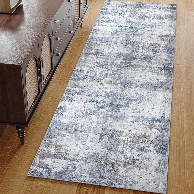 2x6 Runner Rugs Grey Blue Machine Washable Hallway Area Rug Indoor Accent Rug Abstract Non Slip Low Pile Carpet Distressed Throw Rug for Bedroom Living Room Office Dining Room Kitchen