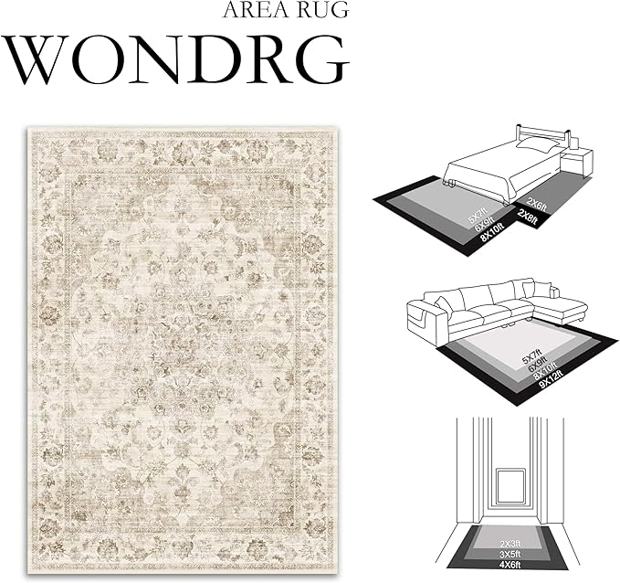 10x12 Neutral Area Rug Beige Floral Living Room Bedroom Large Carpet Non-Slip Low Pile Vintage Soft Thin Washable Throw Rug for Dining Room Office Kitchen Indoor Nursery