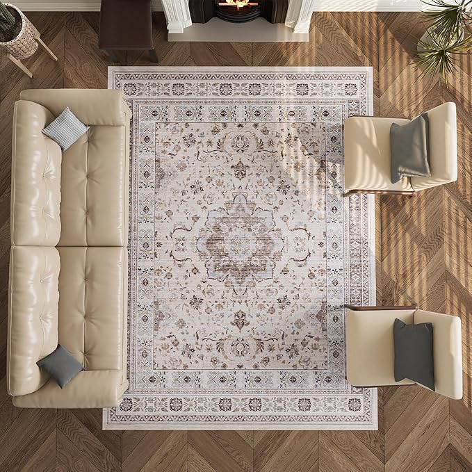 8x10 Rug, Washable Neutral Boho Modern Vintage Non Slip Floral Area Rugs, Low Pile Soft Rugs, Area Rugs, Slip Resistance Carpet, Pet-Friendly Carpet, Durable Rug for Living Room, Bedroom