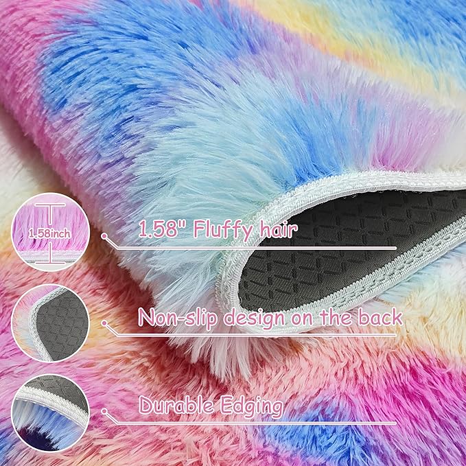 2x3 ft Small Throw Rugs Furry, Non Slip Mini Area Rug, Fluffy Tie-Dyed Rainbow Carpet,for Bedroom Door Entryway Indoor Inside Front Entrance Dog Mat, Home Decor Aesthetic, Nursery