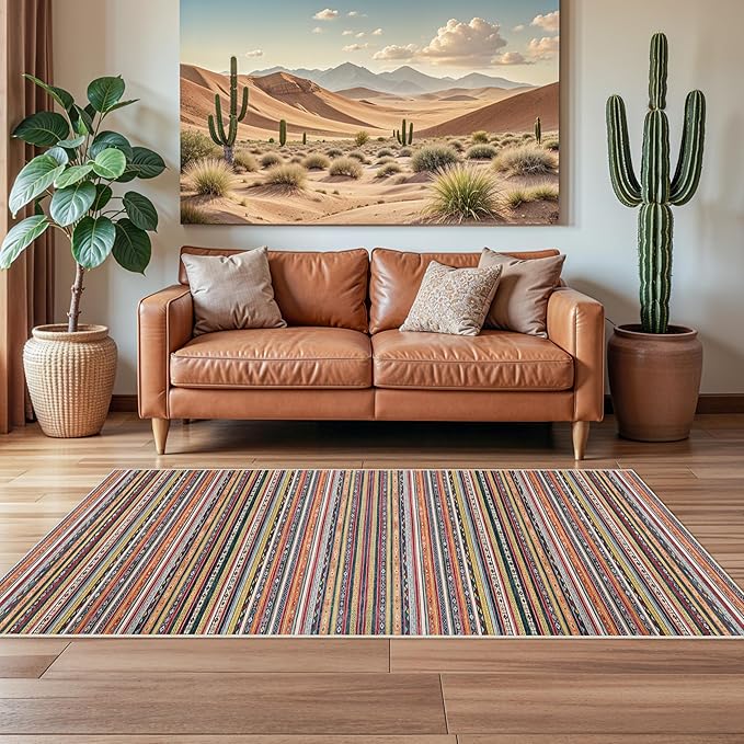 4x8 Rug Washable Indoor: Non-Slip Southwestern Striped Carpet for Kitchen Hallway Entry - Farmhouse Low Pile Stain Resistant Long Thin Front Door Mat 4x8 Red/Blue/Multi