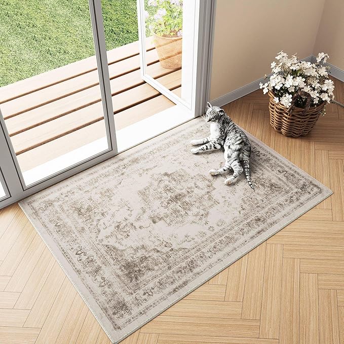 Area Rug 2x3 Washable Taupe Rug Vintage Boho Medallion Entryway Door Mat Entrance Distressed Retro Carpet Non Slip Low Pile Small Soft Doormat for Kitchen Bedroom Laundry Bathroom Hallway