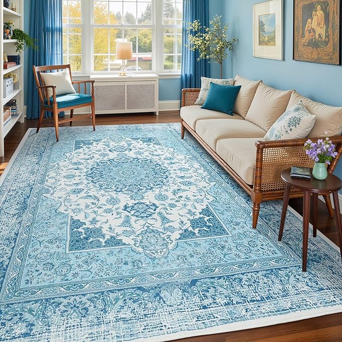 5x7 Area Rug for Bedroom, Machine Washable Rugs with Non-Slip Backing for Living Room, Soft Vintage Carpet Kitchen Laundry Kids Room Decor, Blue & White