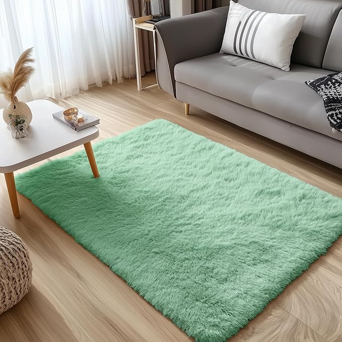 OLANLY 3x5 Machine Washable Small Bedside Rug, Soft Fluffy Shaggy Rugs for Living Room, Bedroom, Indoor Floor Carpet for Kids Girls and Boys, Preppy Dorms, Nursery, Home Decor Aesthetic, Mint Green
