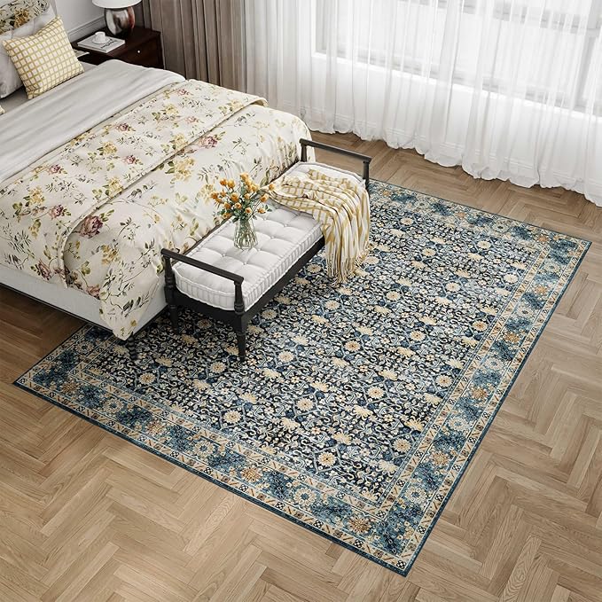 Dripex 3x5 Area Rugs, Machine Washable Non Slip Boho Rugs,Distressed Entryway Rug Doormat,No Pile Lightweight Vintage Rug, Smal Carpet Rug for Front Entrance,Office Bedroom,Navy Blue