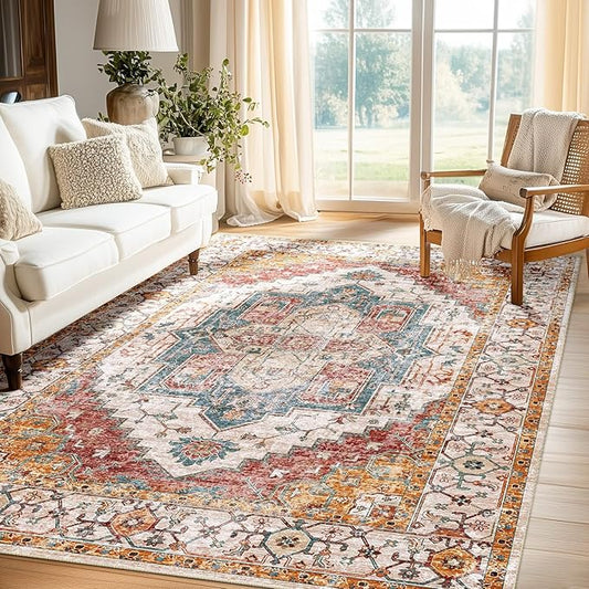 Washable 6x9 Area Rugs, Rugs for Living Room, Low-Pile Water&Stain Resistant Carpet Vintage Distressed Printed Non-Slip Carpet for Bedroom Bathroom Kitchen-Yellow/Brown