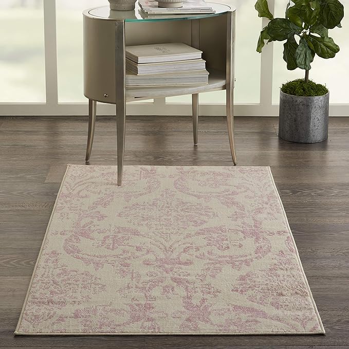 Nourison Jubilant Damask Ivory/Pink 3' x 5' Area -Rug, Easy -Cleaning, Non Shedding, Bed Room, Living Room, Dining Room, Kitchen (3x5)