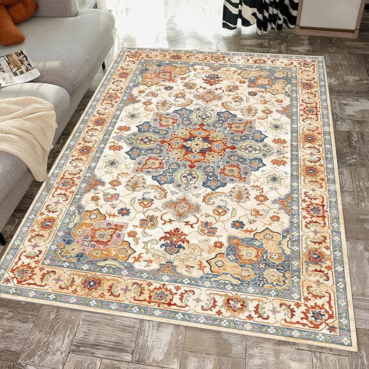 Yancorp 4'x6' Boho Area Rug for Bedroom Non Slip Washable Rug Vintage Carpet Living Room Non-Shedding Hallway Runner Rug Indoor Floor Mats Bedroom Kitchen Entryway Rugs-Rectangular Blue Red