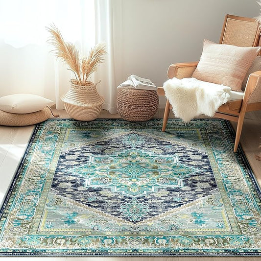 BESTSWEETIE 3x5 Area Rugs for Living Room Washable Non Slip Carpet Low Pile Soft Vintage Print Pattern Rug for Bedroom Dining Room Kitchen Entryway Indoor-Teal/Navy/Green/Yellow