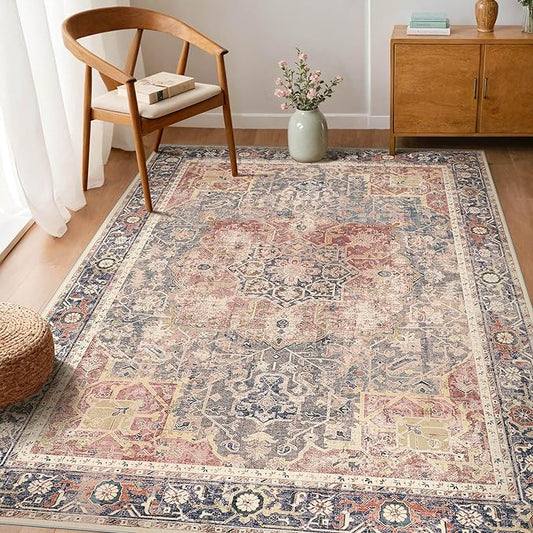 Kokia 5x7 Area Rugs for Living Room, Machine Washable Non Slip Vintage Boho Rugs, Low Pile Distressed Medallion Print Rug for Bedroom, Dining Room Brick Red 5 x 7