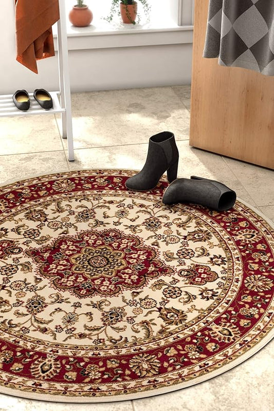 Well Woven Barclay Collection Medallion Kashan Ivory 8 ft Round Rug - for Living Room, Bedroom, and Dining Room