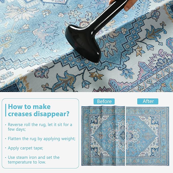 YJ.GWL Large Area Rug for Living Room, 5x7 Machine Washable Boho Rug for Bedroom, Low Pile Lightweight Thin Rugs Floral Vintage Distress Print Pattern Carpet for Dining Room, Light Blue