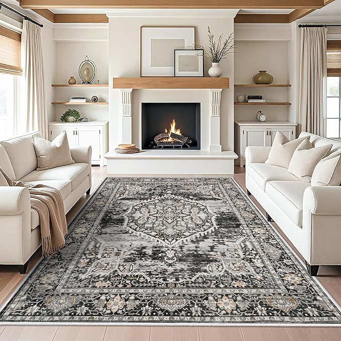 Washable Rugs 7x9 Area Rug：Large Rugs for Living Room - Oriential Distressed Printed Floral Carpet - Non Slip with Rubber Backing Area Rug 7'x9' Black