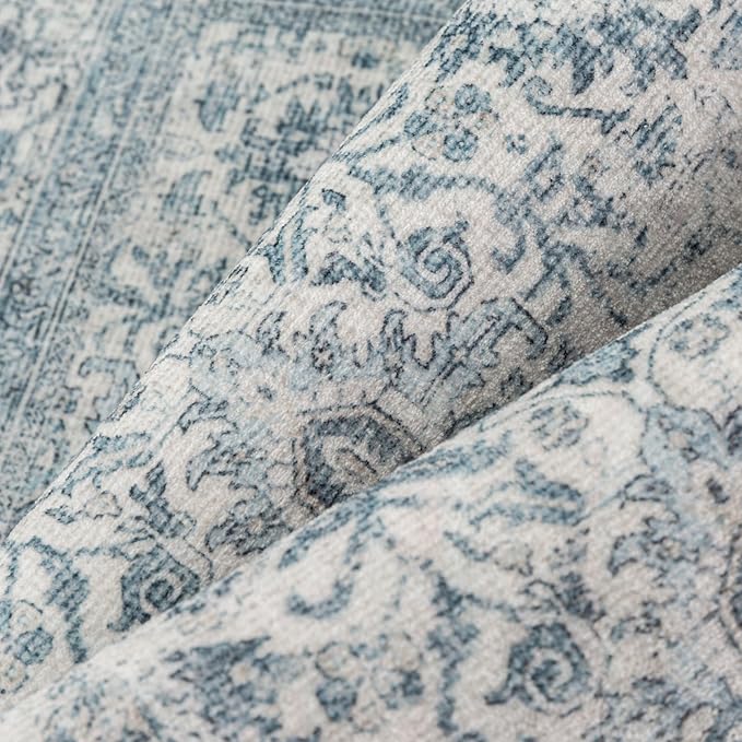 Vintage Area Rug 3x5 Blue Entryway Office Washable Carpet Non Slip Bedroom Indoor Living Room Door Mat Low Pile Traditional Distressed Retro Accent Rug for Dining Room Bathroom Kitchen