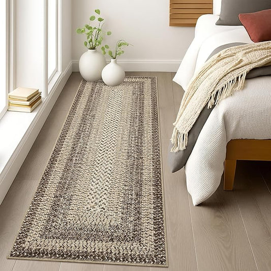 Imitation Braided Collection-Print Hallway Runners 2x10 Washable Area Rug, Farmhouse Rustic Area Rug with Non Slip Backing, Soft Low Pile Indoor Carpet Runners for Entryways, Laundry Room