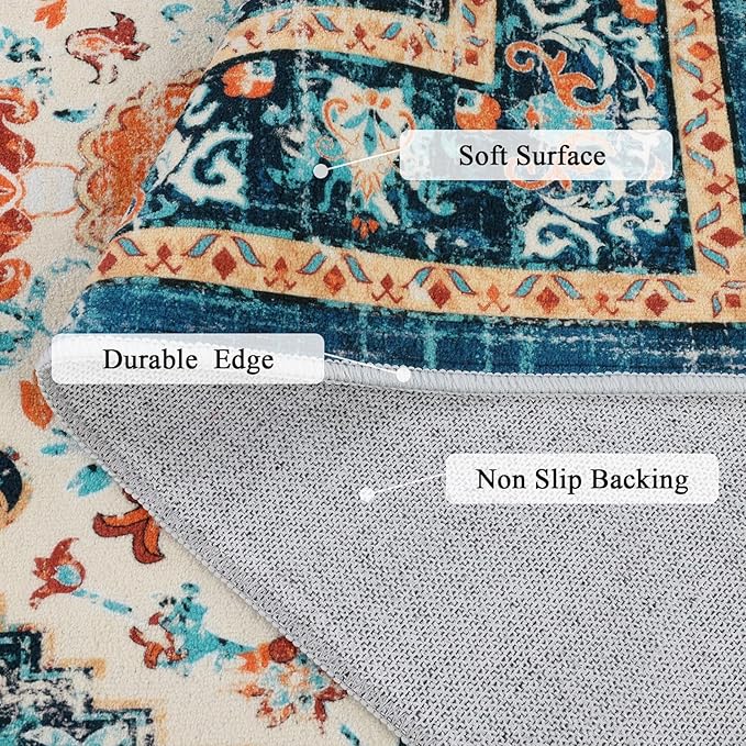 U'Artlines Boho Vintage Area Rug 8x10 Machine Washable Low Pile Soft Floor Carpet Non Slip Non Shedding Accent Rug for Living Room Bedroom Entryway Dining Room Office Orange/Multi