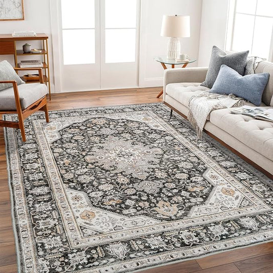 Washable Area Rug - 6x9 Bedroom Living Room Large Indoor Rugs Soft Oriental Vintage Rugs Non-Slip Backing Stain Resistant for Farmhouse Kitchen (6x9 Black/Ivory)