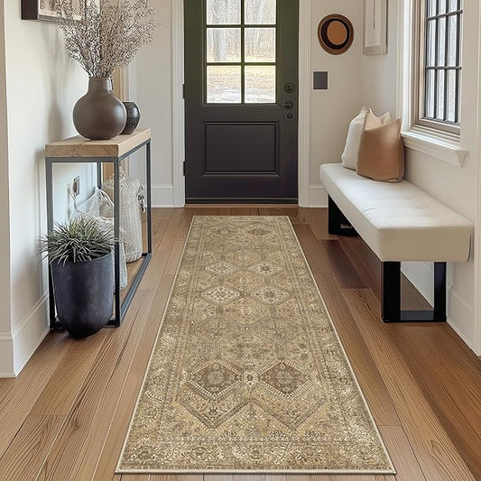 Bavni 2x7 Runner Rug Non Slip, Machine Washable Rug Runners for Hallways, Vintage Distressed Print Kitchen Runner, Low Pile Lightweight Carpet Runner for Entryway Laundry Bedroom Bathroom Nut Brown