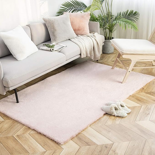 Ashler Faux Fur Rug, Ultra Soft Faux Rabbit Fur, Pink Area Rugs, 4 x 6 Feet Rectangle, Machine Washable Nursery Decor Throw Rugs for Bedroom, Kids Room, Living Room