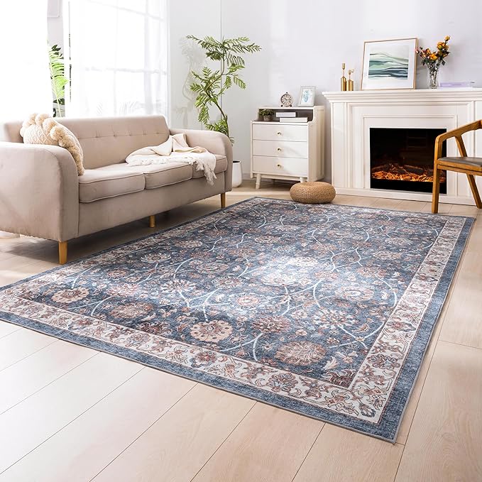 Carvapet Floral Rugs for Living Room Bedroom, Vintage Dark Blue Low Pile Large Carpet with Rubber Backing, Foldable, Non Slip Machine Washable (9 x 6 Feet Rectangular, Dark Blue Area Rug)