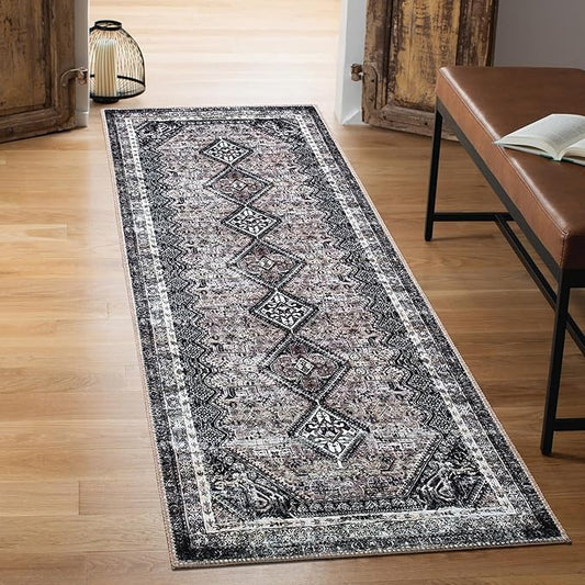 Keen Home Design Machine Washable Area Rugs with Non-Slip Backing, Ideal for Hallway, Living Room, Bedroom, Kitchen and Laundry Room, Vintage Moroccan and Low Pile Rug - (2'6'' x 10'), Black