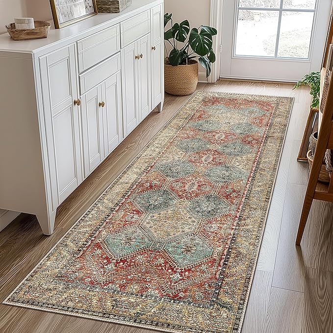 Bavni 2x5 Runner Rug Non Slip, Machine Washable Rug Runners for Hallways, Vintage Distressed Print Kitchen Runner, Low Pile Lightweight Carpet Runner for Entryway Laundry Bedroom Bathroom Blue/Tan/Red
