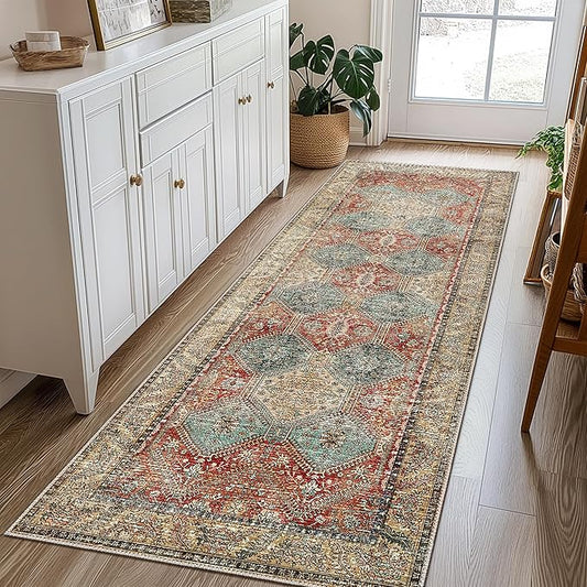 Bavni 2x5 Runner Rug Non Slip, Machine Washable Rug Runners for Hallways, Vintage Distressed Print Kitchen Runner, Low Pile Lightweight Carpet Runner for Entryway Laundry Bedroom Bathroom Blue/Tan/Red