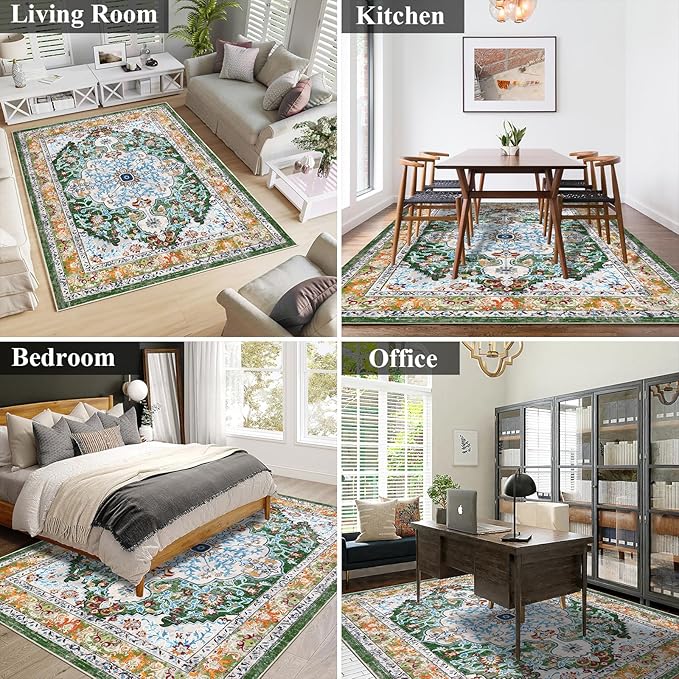 U'Artlines Boho Vintage Area Rug 5x7 Machine Washable Low Pile Soft Floor Carpet Non Slip Non Shedding Accent Rug for Living Room Bedroom Entryway Dining Room Office Green