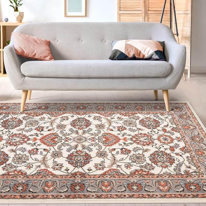 Superior Indoor Area Rug, with Jute Backing, Chic Bordered Floor Decor for Living Room, Bedroom, Office, Entryway, Kitchen, Dining, Floral Design, Lille Collection, 5' x 8', Salmon