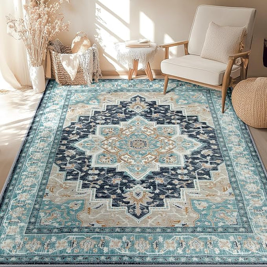BESTSWEETIE 6x9 Area Rugs for Living Room, Washable Ultra Soft Boho Vintage Print Pattern Rug Non Slip Low Pile Carpet for Dining Room Bedroom Entryway Indoor-Navy/Light Blue/Natural