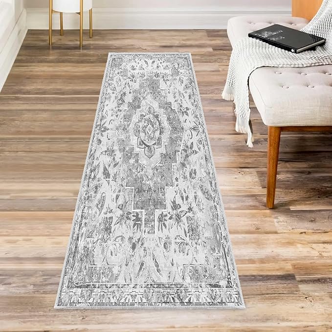 Vintage Runner Rug 2x6 Non-Slip Boho Distressed Runner Rugs Carpet Washable Traditional Mat for Kitchen Hallways, Grey